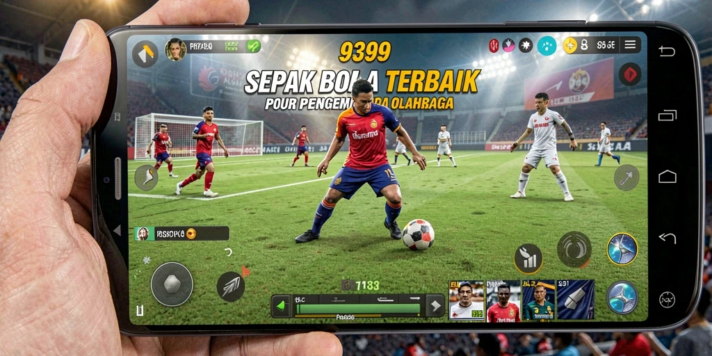 Screenshot gameplay 9399 yang menampilkan aksi sepak bola yang mendebarkan.
