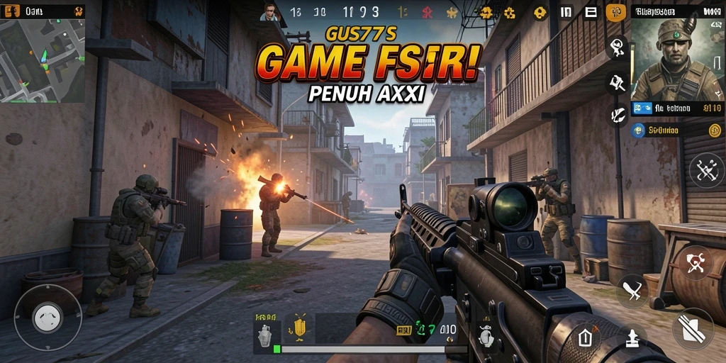 Screenshot GUS77 yang menampilkan aksi gameplay FPS yang mendebarkan.