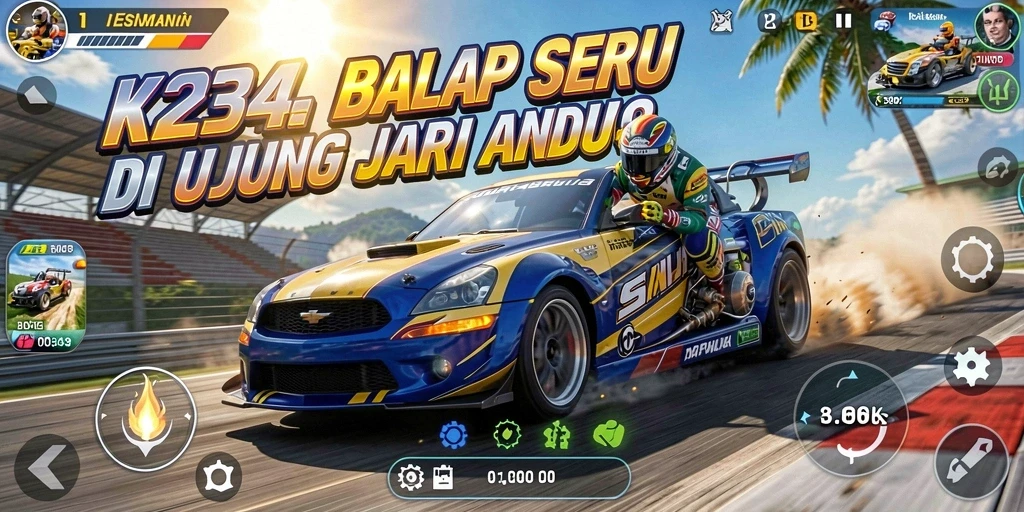 Screenshot K234 menampilkan aksi balap yang mendebarkan dan mobil yang menawan.