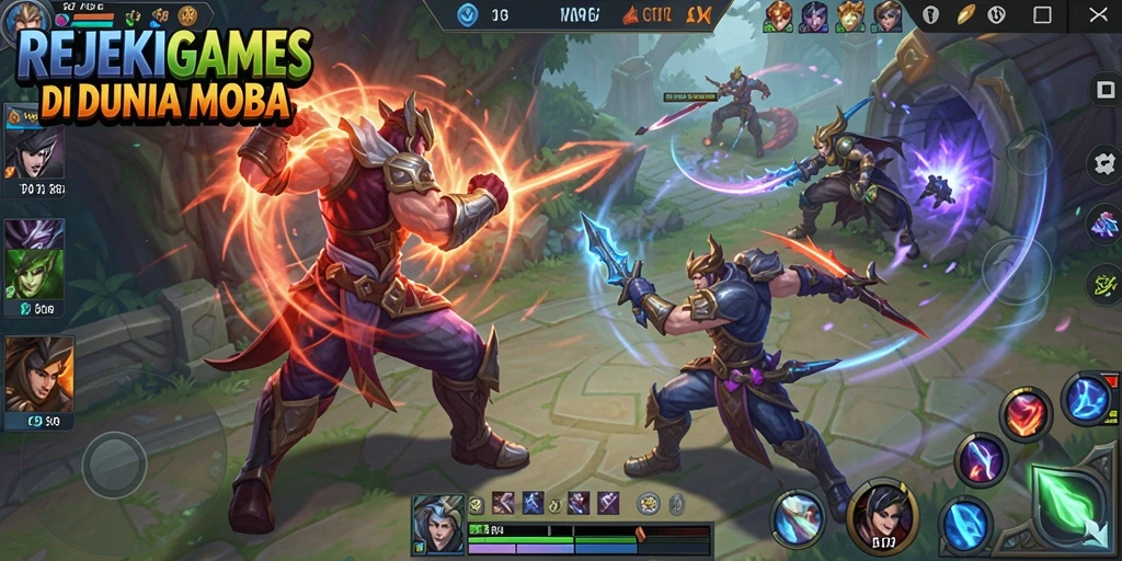 Tampilan epik gameplay MOBA dalam REJEKIGAMES.