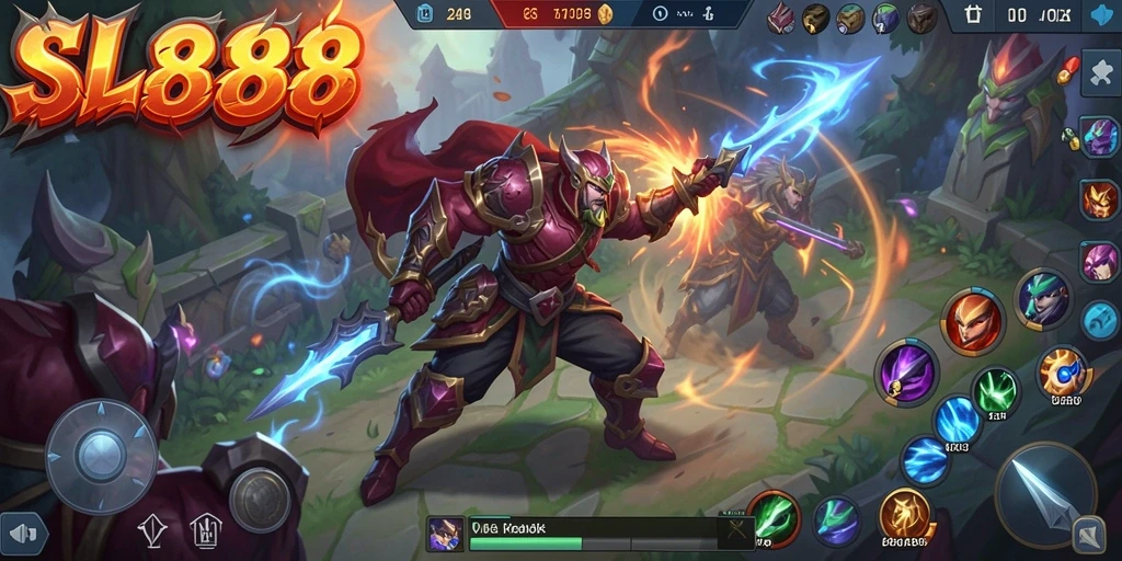 Tampilan gameplay menarik di SL888 dengan pertarungan seru antar pahlawan MOBA.