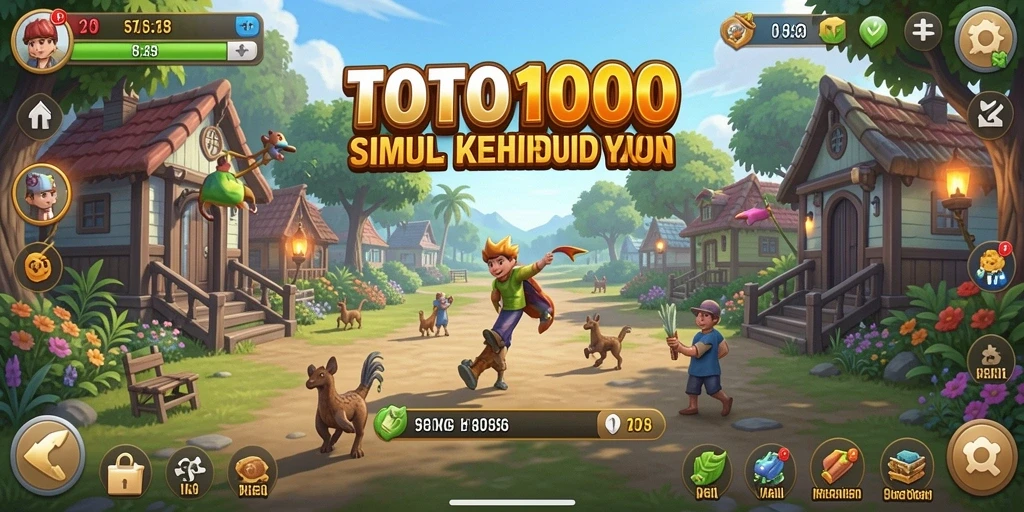 Screenshot gameplay TOTO1000 yang menunjukkan suasana kehidupan virtual yang dinamis.